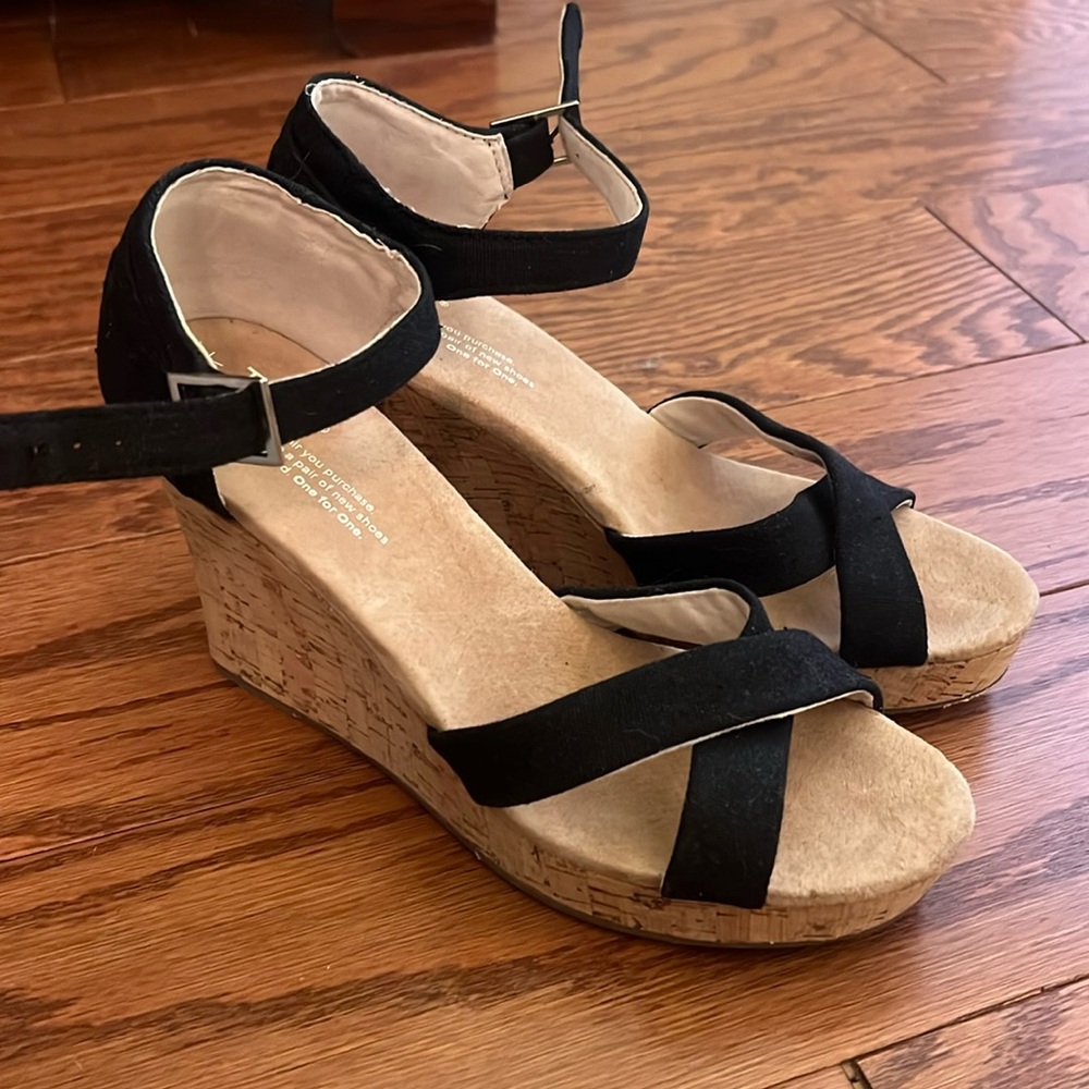 Toms Black Suede Crisscross Wedge Sandals